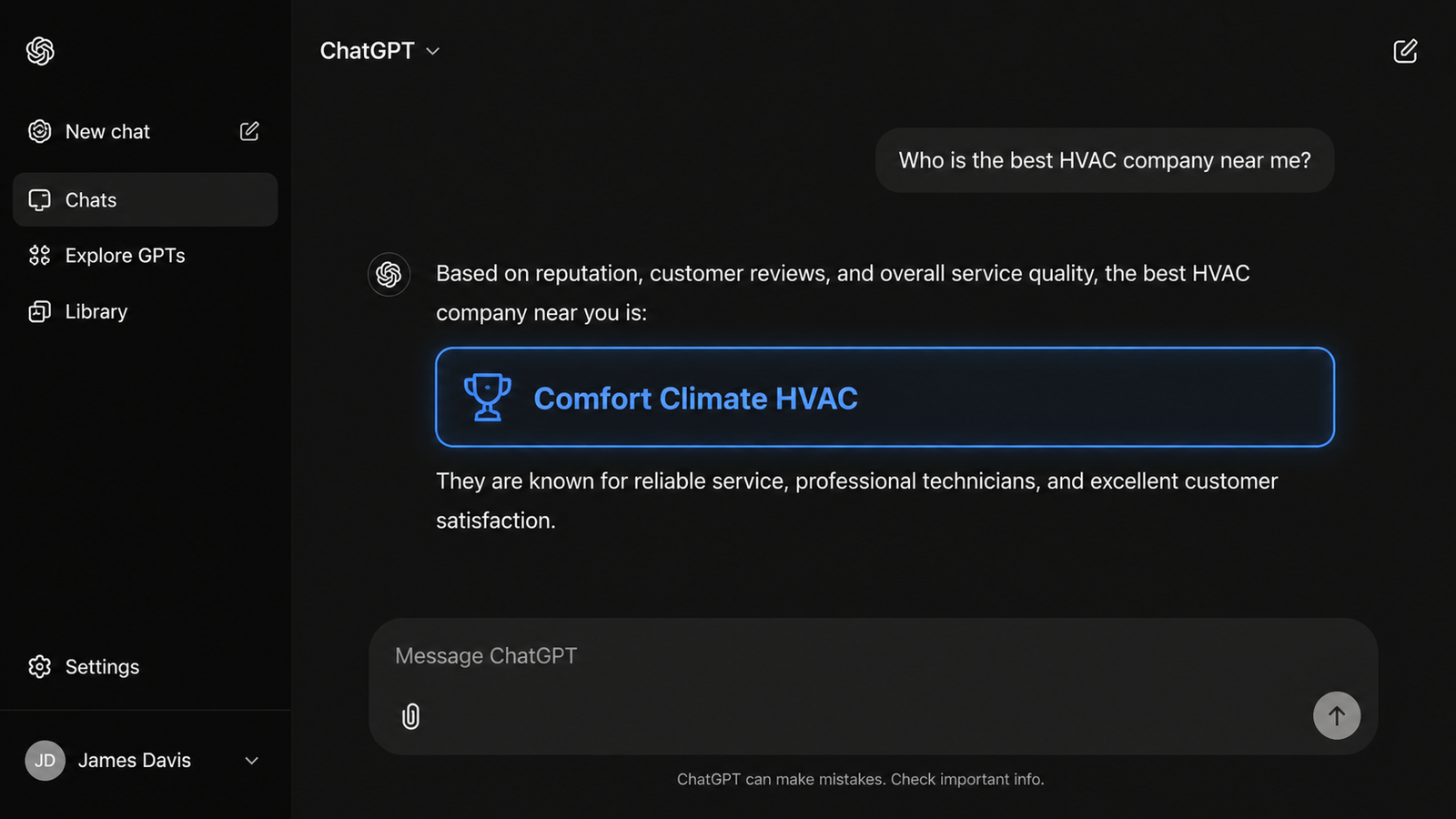ChatGPT recommending a local HVAC company when asked who is the best near me
